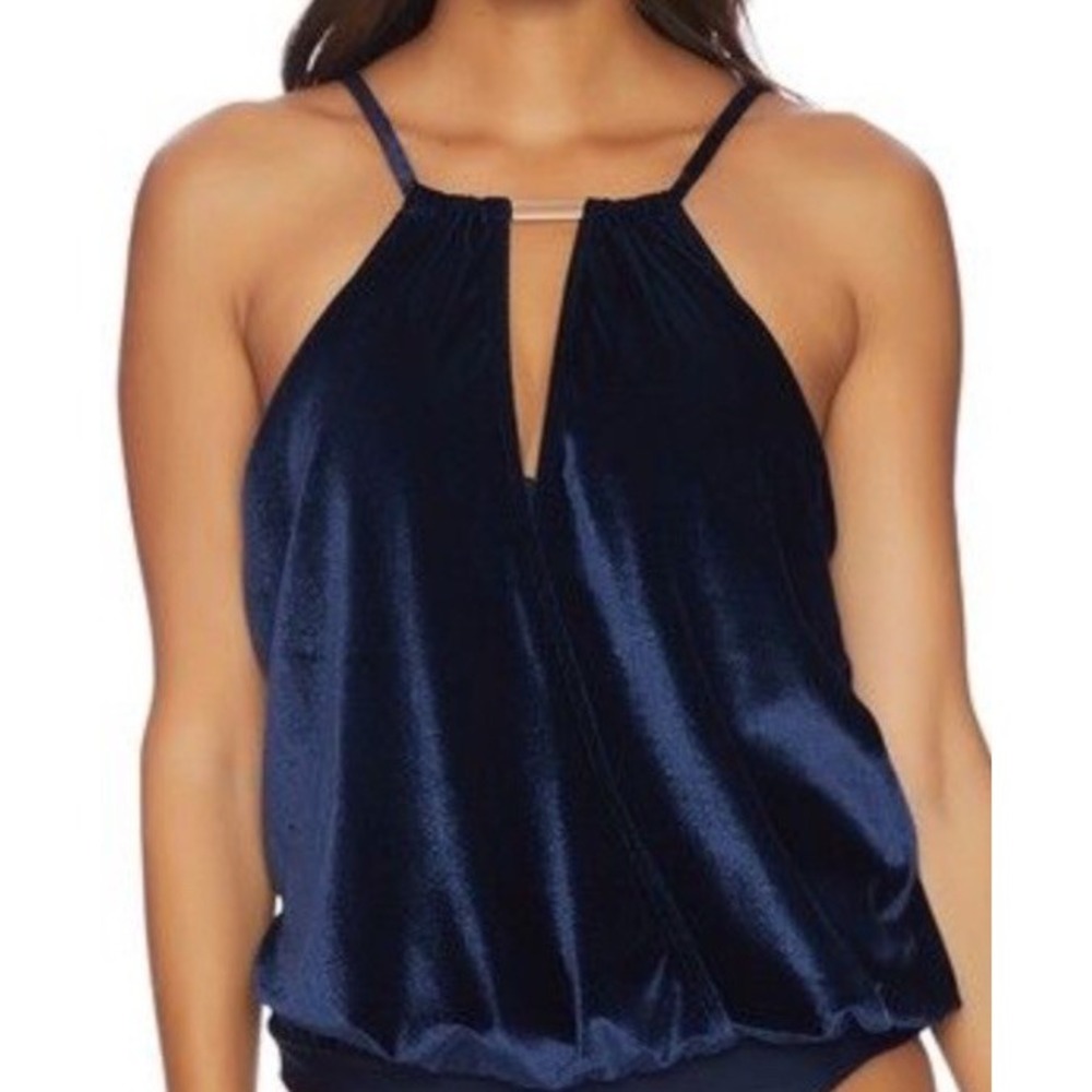 LUXE BY LISA VOGEL NWT Womens Velvet Draped Blouson Halter Tank Swim Top Navy M